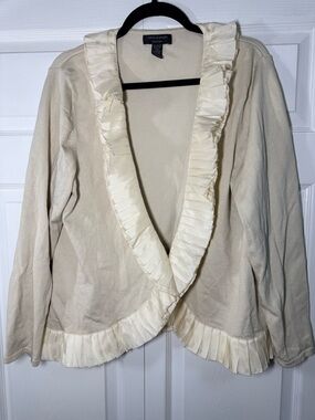 CABLE & GAUGE 60% Silk Ivory Knit Ruffle Pleated Cardigan Sweater 1X